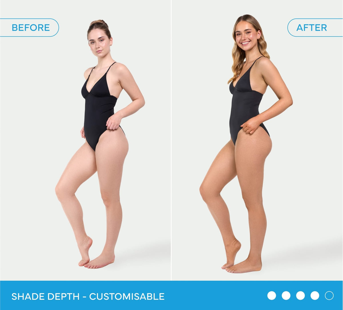 Side-by-side of a woman in a black swimsuit before and after using BondiSandsEU Express Self Tanning Routine Bundle; her skin looks more tanned. Text: SHADE DEPTH - CUSTOMISABLE. Blue progress indicators shown below.