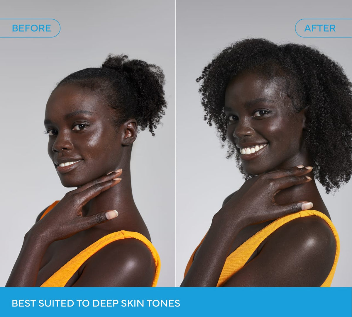 Side-by-side photos of a smiling woman with deep skin, wearing yellow. Left: her hair is in a puff; right: it's curly and loose. Blue text reads, "BEST SUITED TO DEEP SKIN TONES." Product: Caramel Technocolor Self Tanning Face Serum by BondiSandsEU.