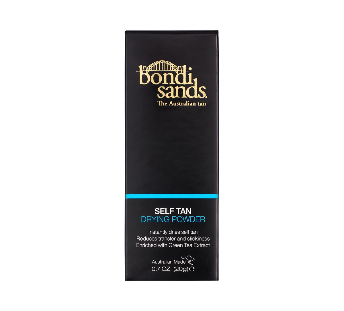 A sleek black rectangular box of BondiSandsEU Self Tan Drying Powder with gold and white details, including the brand logo. This 0.7 oz (20g) powder is perfect for your tanning routine and ensures a flawless finish.
