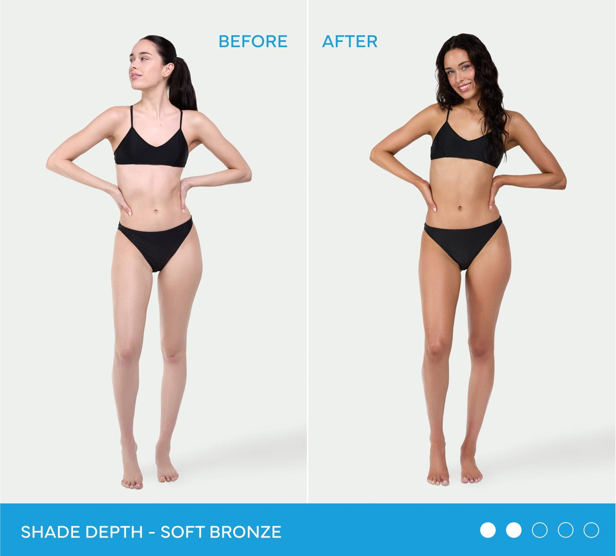 Side-by-side comparison of a woman in a black bikini before and after using BondiSandsEU Light-Medium Self Tanning Foam, showing her fair skin transform into a natural glow with a soft bronze tone.