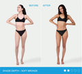 Side-by-side comparison of a woman in a black bikini before and after using BondiSandsEU Light-Medium Self Tanning Foam, showing her fair skin transform into a natural glow with a soft bronze tone.