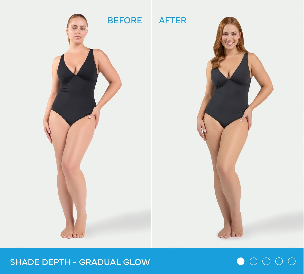 A split screen showing a person in a black swimsuit before and after applying BondiSandsEU Gradual Self Tanning Milk, displaying a subtle daily glow and change in skin tone.