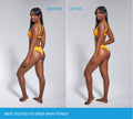 A woman with deep skin tone in a yellow bikini poses side-by-side in before and after photos using BondiSandsEU Caramel Technocolor 1 Hour Express Self Tanning Foam—best suited to deep skin tones for tailored tanning results.