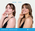Side-by-side comparison of a person’s face and shoulders before and after using BondiSandsEU Gradual Self Tanning Face Lotion, with the after image showing a deeper, bronzed skin tone.