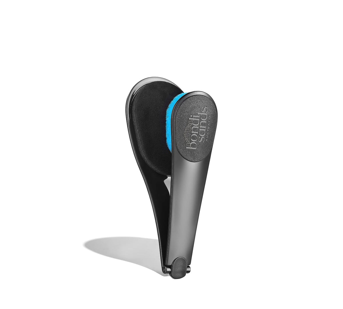 The BondiSandsEU Back Applicator features a black and gray design with a blue sponge, standing upright on a white background—ideal for achieving a streak-free glow.