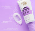 A tube of BondiSandsEU Light'n Dreamy Gel Moisturiser sits on a purple background, with text and icons highlighting key ingredients—hyaluronic acid, glycerin, and watermelon extract—ideal for lightweight hydration for oily skin.