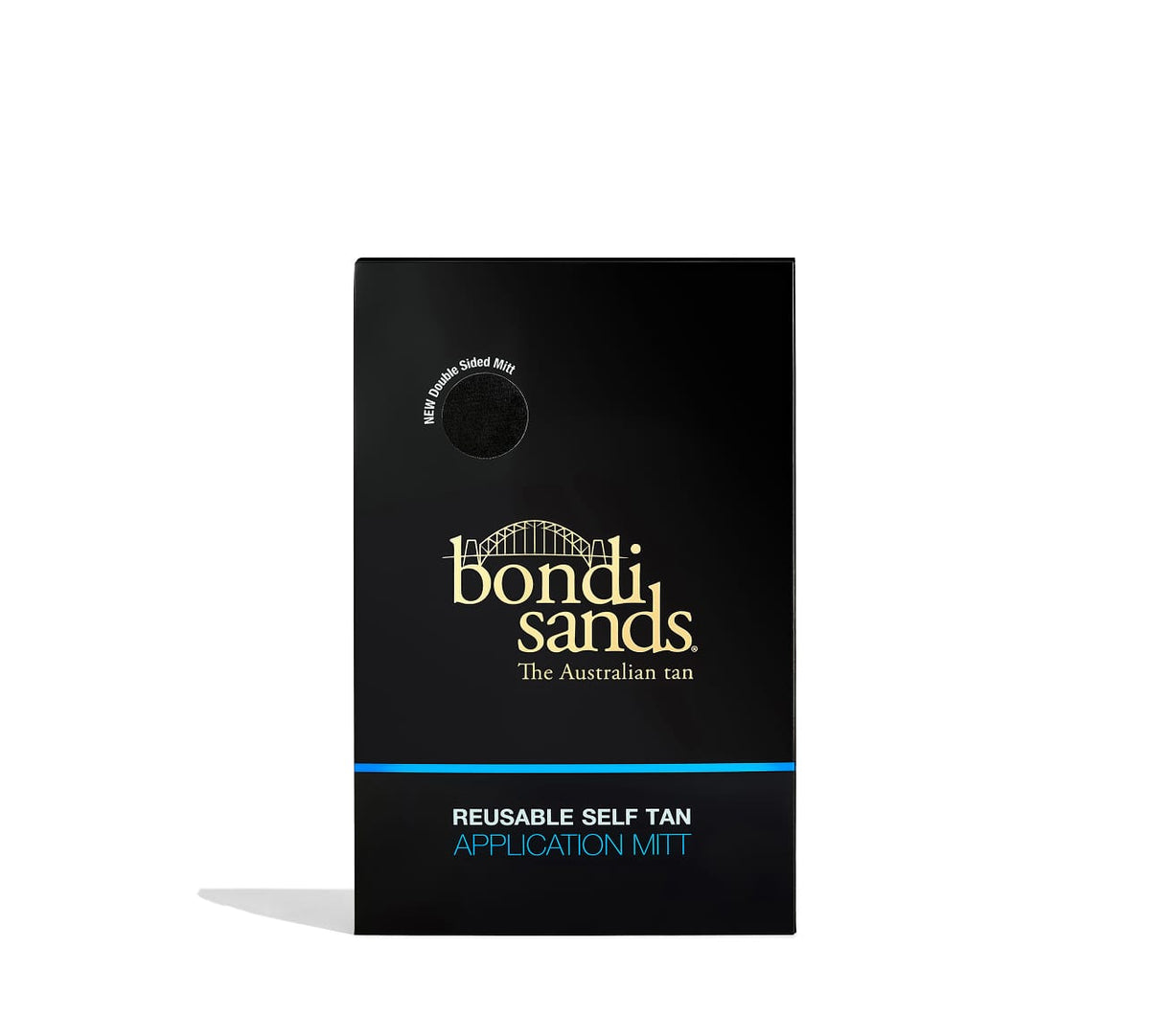 A black box of BondiSandsEU Application Mitt with gold and white branding and a circular window displays the mitt inside, designed for a streak-free glow and stain-free application.