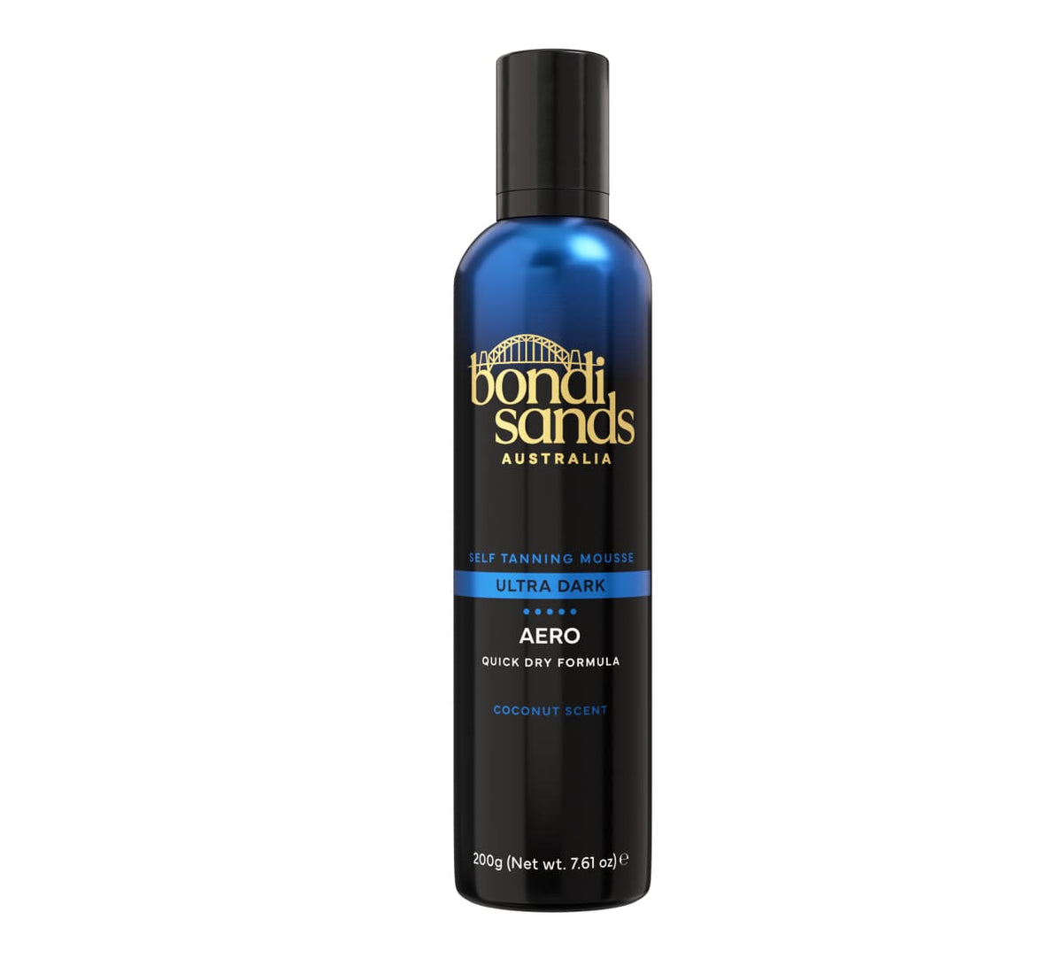 The BondiSandsEU Ultra Dark Aero Self Tanning Mousse & Application Mitt Bundle features a 200g quick-dry formula with a coconut scent in black and blue packaging for the perfect bronze.