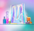 The Technocolor Tote Bag by BondiSandsEU is shown with vibrant skincare bottles, a red lipstick, and stacked jars, set against a pink-to-blue gradient backdrop.