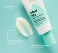 A tube of BondiSandsEU Melt Me Cleansing Balm with a smear of balm on a teal background. Labels highlight ceramides to plump, sea buckthorn oil for hydration, and sunflower seed oil to moisturise.