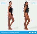 Side-by-side of a woman in a black swimsuit: lighter skin before, deeper bronzed skin after. Text: Shade Depth - Deepest Bronze, achieved with BondiSandsEU Ultra Dark Aero Self Tanning Mousse and its Quick Dry Formula.
