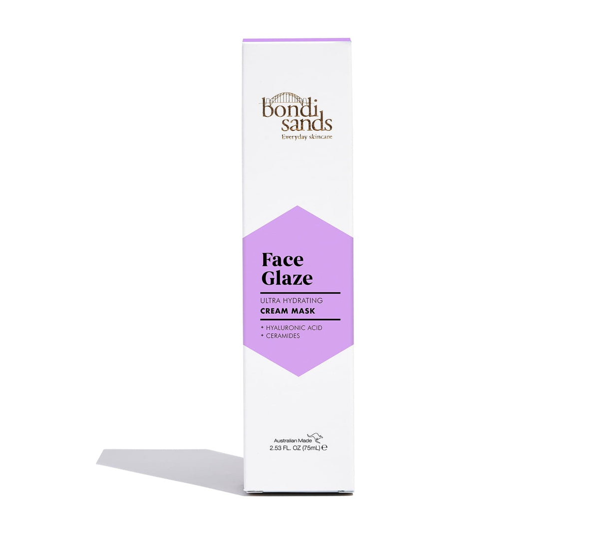 A white rectangular box of BondiSandsEU Face Glaze Cream Mask with a purple label highlighting hyaluronic acid stands upright against a white background.
