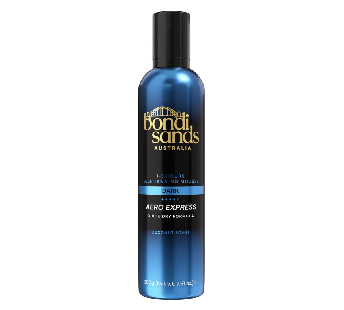 A metallic blue BondiSandsEU Aero Express Self Tanning Mousse & Application Mitt Bundle features a 1-3 hour quick dry, coconut scent, dark shade, black cap, and 200g size—ideal for fast self tanning.