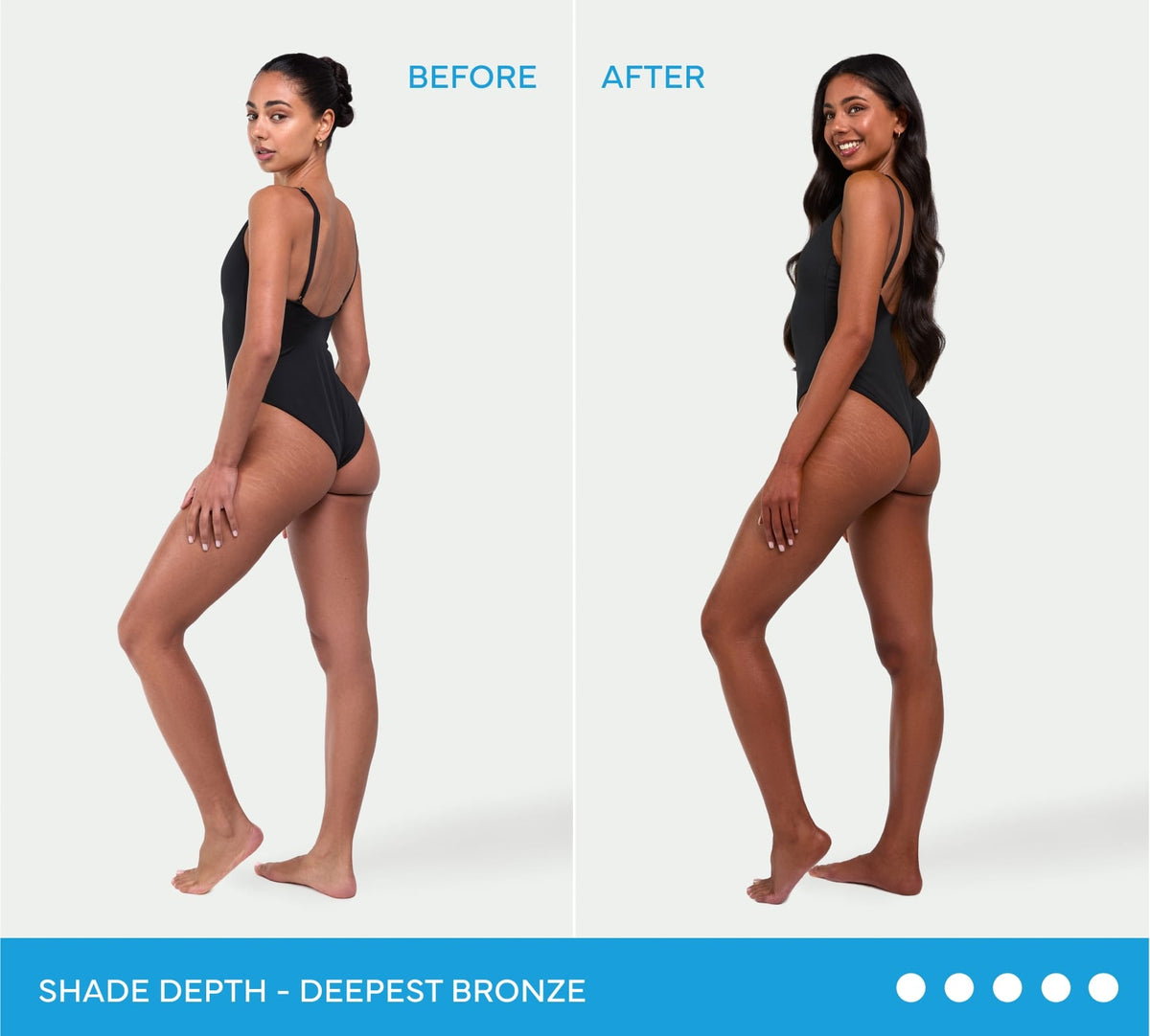 A side-by-side comparison of a woman in a black swimsuit showing a lighter skin tone before, and a deep bronze tan after using BondiSandsEU Ultra Dark Self Tanning Foam.