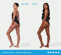 A side-by-side comparison of a woman in a black swimsuit showing a lighter skin tone before, and a deep bronze tan after using BondiSandsEU Ultra Dark Self Tanning Foam.