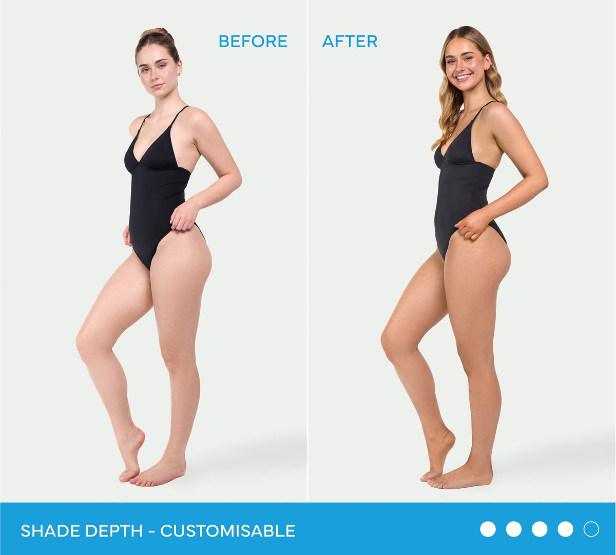 A side-by-side comparison of a woman in a black swimsuit showing her skin tone before and after using BondiSandsEU Express Self Tanning Foam, with the text SHADE DEPTH - CUSTOMISABLE below.