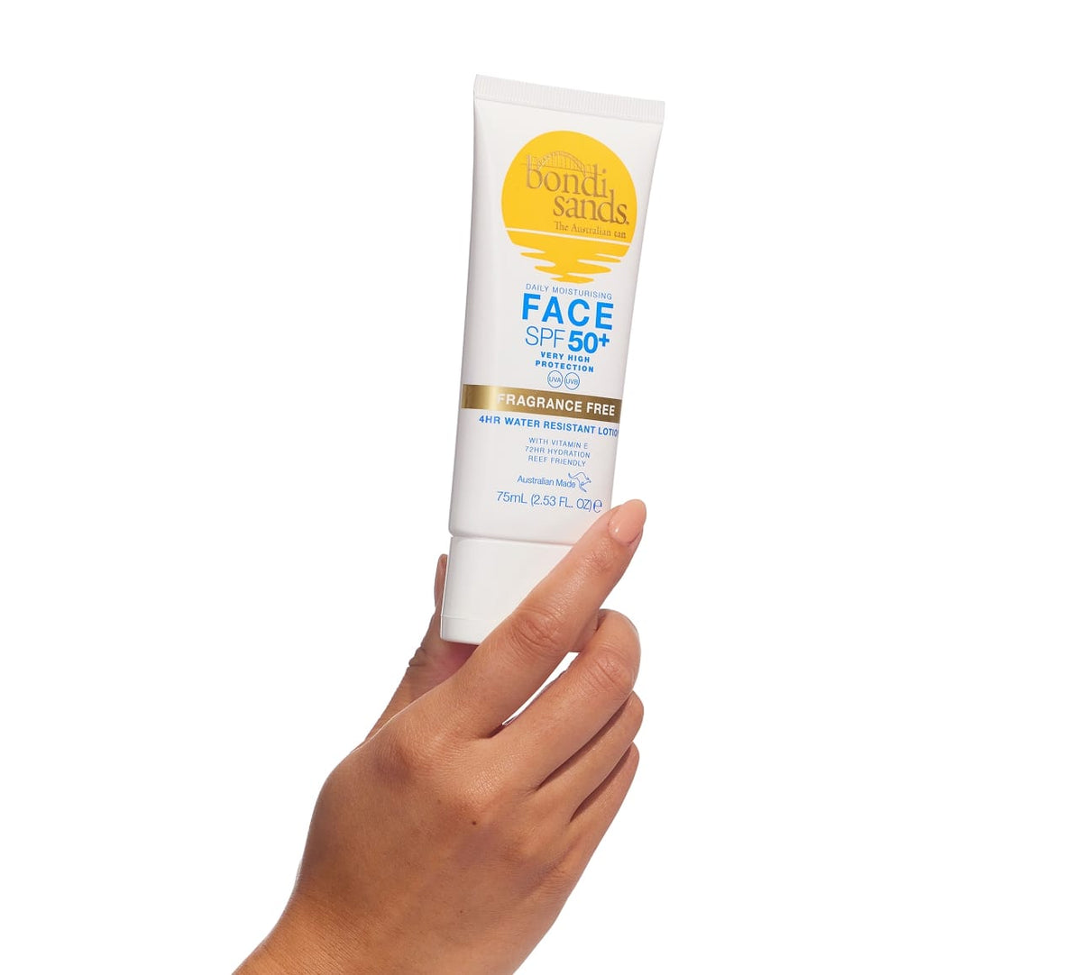 A hand holds a tube of BondiSandsEU Face SPF 50+ Everyday Sunscreen Lotion against a white background. The white packaging features a yellow logo, blue text, and highlights its non-comedogenic, fragrance free, water resistant formula.