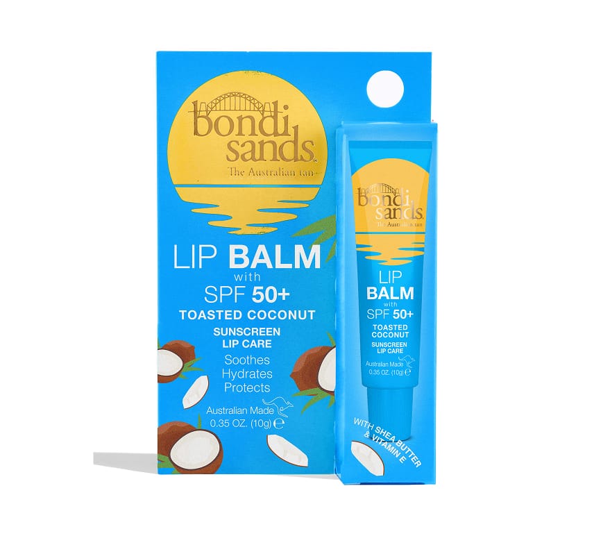 BondiSandsEU Coconut SPF 50+ Lip Balm comes in a blue tube and box with coconut images and a yellow sun featuring the Sydney Harbour Bridge, enriched with shea butter for nourishment.