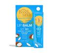 BondiSandsEU Coconut SPF 50+ Lip Balm comes in a blue tube and box with coconut images and a yellow sun featuring the Sydney Harbour Bridge, enriched with shea butter for nourishment.