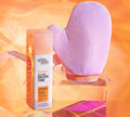 A bottle of BondiSandsEU Caramel Technocolor 1 Hour Express Self Tanning Foam is beside a purple mitt labeled TECHNICOLOR, set against an orange and pink gradient—ideal for tailored tanning.