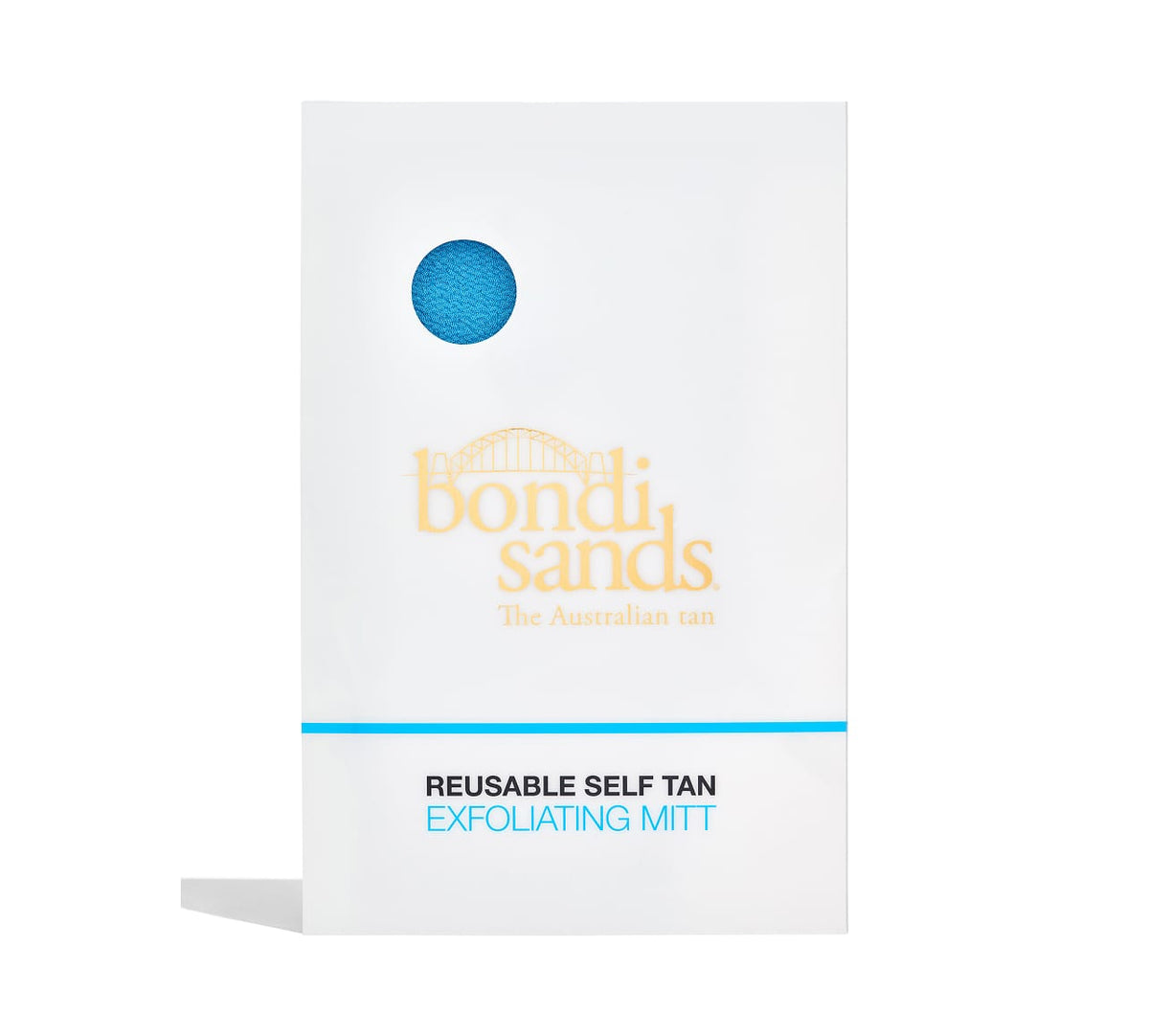 A white packet with a blue circle cutout displays the textured BondiSandsEU Exfoliation Mitt inside. The packaging features “BondiSandsEU” and “Exfoliation Mitt” in blue and gold text for a flawless, streak-free tan.