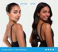 Before and after comparison of a woman showing a lighter skin tone on the left and a deeper, bronzed complexion on the right after using BondiSandsEU Dark Self Tanning Face Drops.
