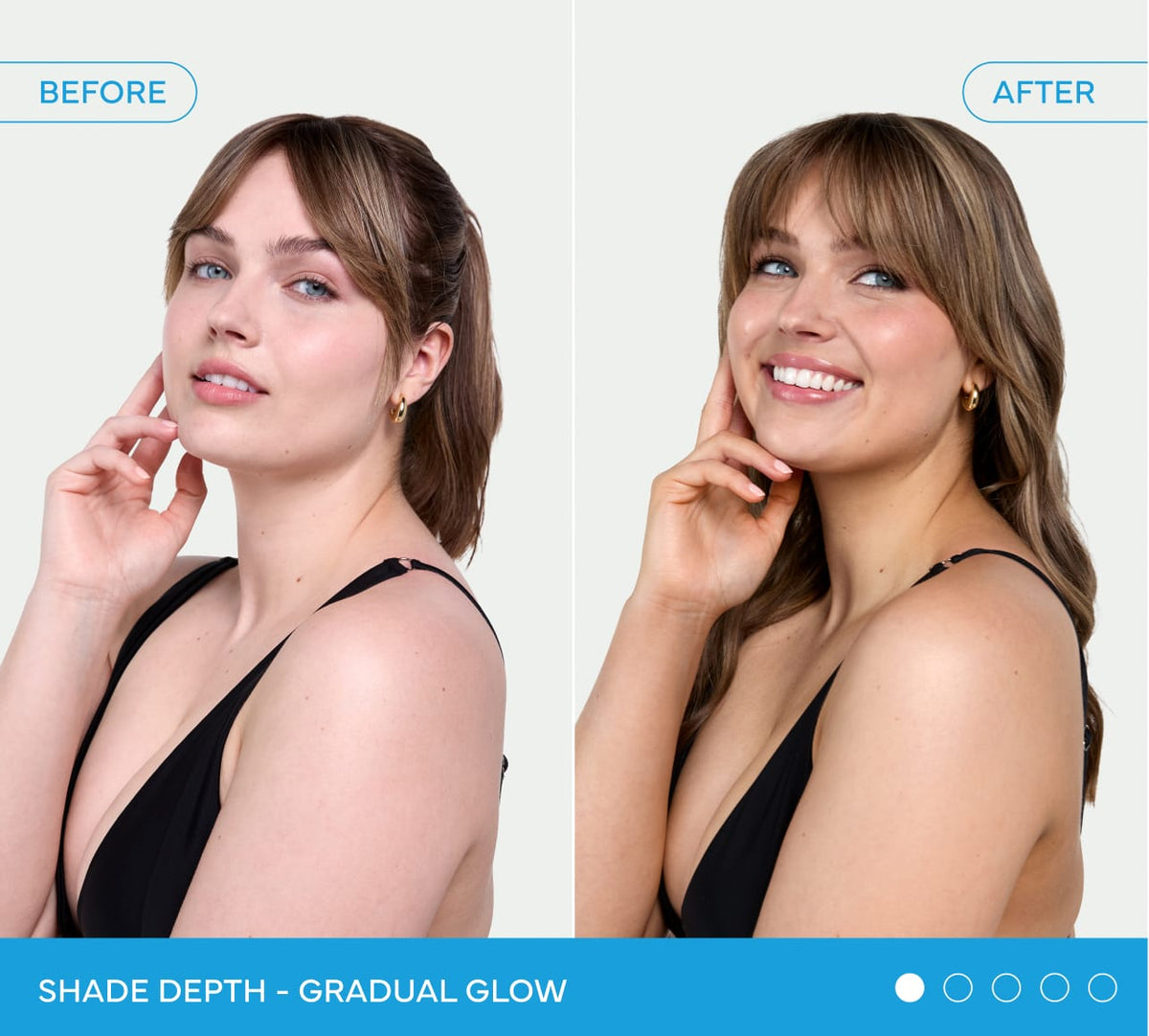Side-by-side photos show a woman in a black top before and after using BondiSandsEU Gradual Self Tanning Face Lotion. In the after photo, her skin looks more tanned and she's smiling. Bottom text: Shade Depth – Gradual Glow. Dermatologist approved.