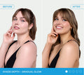 Side-by-side photos show a woman in a black top before and after using BondiSandsEU Gradual Self Tanning Face Lotion. In the after photo, her skin looks more tanned and she's smiling. Bottom text: Shade Depth – Gradual Glow. Dermatologist approved.