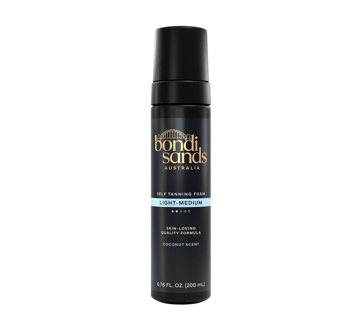 The BondiSandsEU Light/Medium Self Tanning Foam & Application Mitt Bundle features a black bottle with gold and white text, blue accent stripe, coconut scent, and 200 mL volume—ideal for a natural glow when used with the mitt.