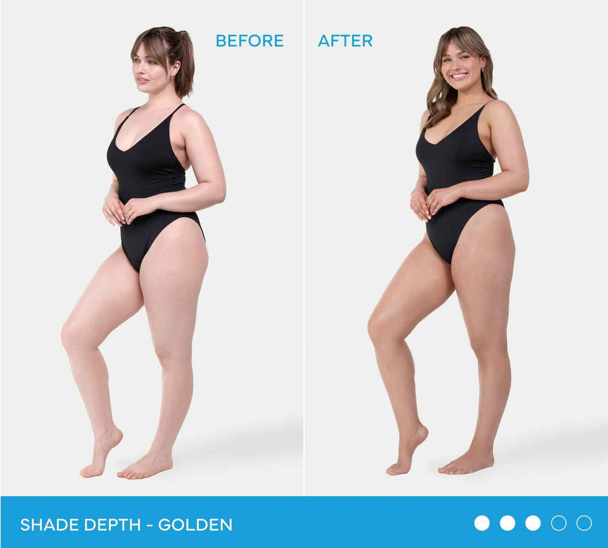 A side-by-side comparison of a woman in a black swimsuit, showing her skin tone before and after using Bondi Sands Liquid Gold Aero Self Tanning Mousse.