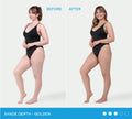 A side-by-side comparison of a woman in a black swimsuit, showing her skin tone before and after using Bondi Sands Liquid Gold Aero Self Tanning Mousse.