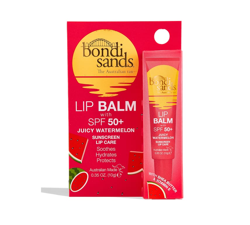 A red package and tube of BondiSandsEU Watermelon SPF 50+ Lip Balm with hydrating Shea Butter, watermelon graphics, and text highlighting sun protection, hydration, and its Australian origin.