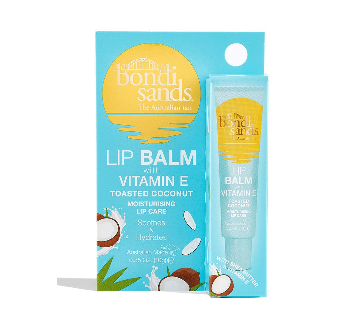 A tube and box of BondiSandsEU Vitamin E Toasted Coconut Lip Balm in blue packaging with coconuts and text promoting moisturized, hydrated, and soft lips.