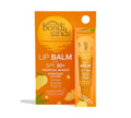 BondiSandsEU Mango SPF 50+ Lip Balm features vibrant orange-yellow packaging with mango motifs and text emphasizing lip protection, hydration, and Australian-made quality for sun-safe smiles.