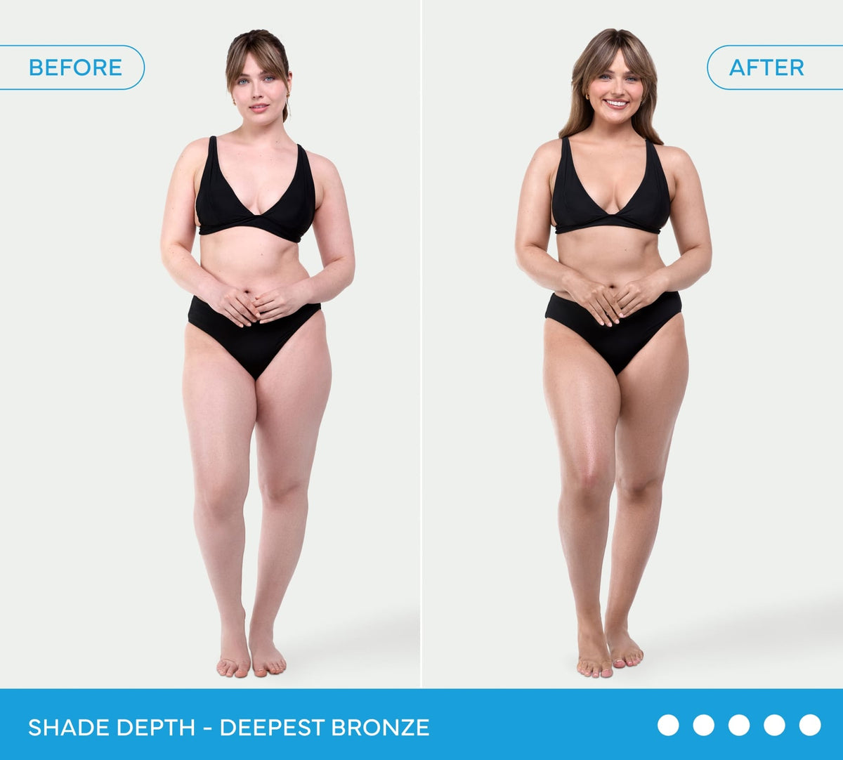 A woman in a black bikini appears in “Before” and “After” shots. In the “After,” her skin is visibly tanner from using Bondi Sands Europe Ultra Express Self Tanning Foam. Text below states: “Shade Depth - Deepest Bronze.”.