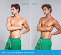 Side-by-side comparison of a man before and after using Emerald Technocolor 1 Hour Express Self Tanning Foam, showing a darker skin tone in the after image, with text stating the product is best suited for a medium skin tone.