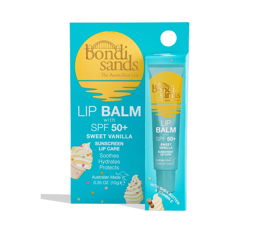 BondiSandsEU Vanilla SPF 50+ Lip Balm comes in turquoise and yellow packaging with vanilla cupcake motifs. It offers hydrating, soothing care and strong sun protection, labeled “SPF 50+ Sweet Vanilla.”.
