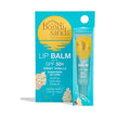 BondiSandsEU Vanilla SPF 50+ Lip Balm comes in turquoise and yellow packaging with vanilla cupcake motifs. It offers hydrating, soothing care and strong sun protection, labeled “SPF 50+ Sweet Vanilla.”.