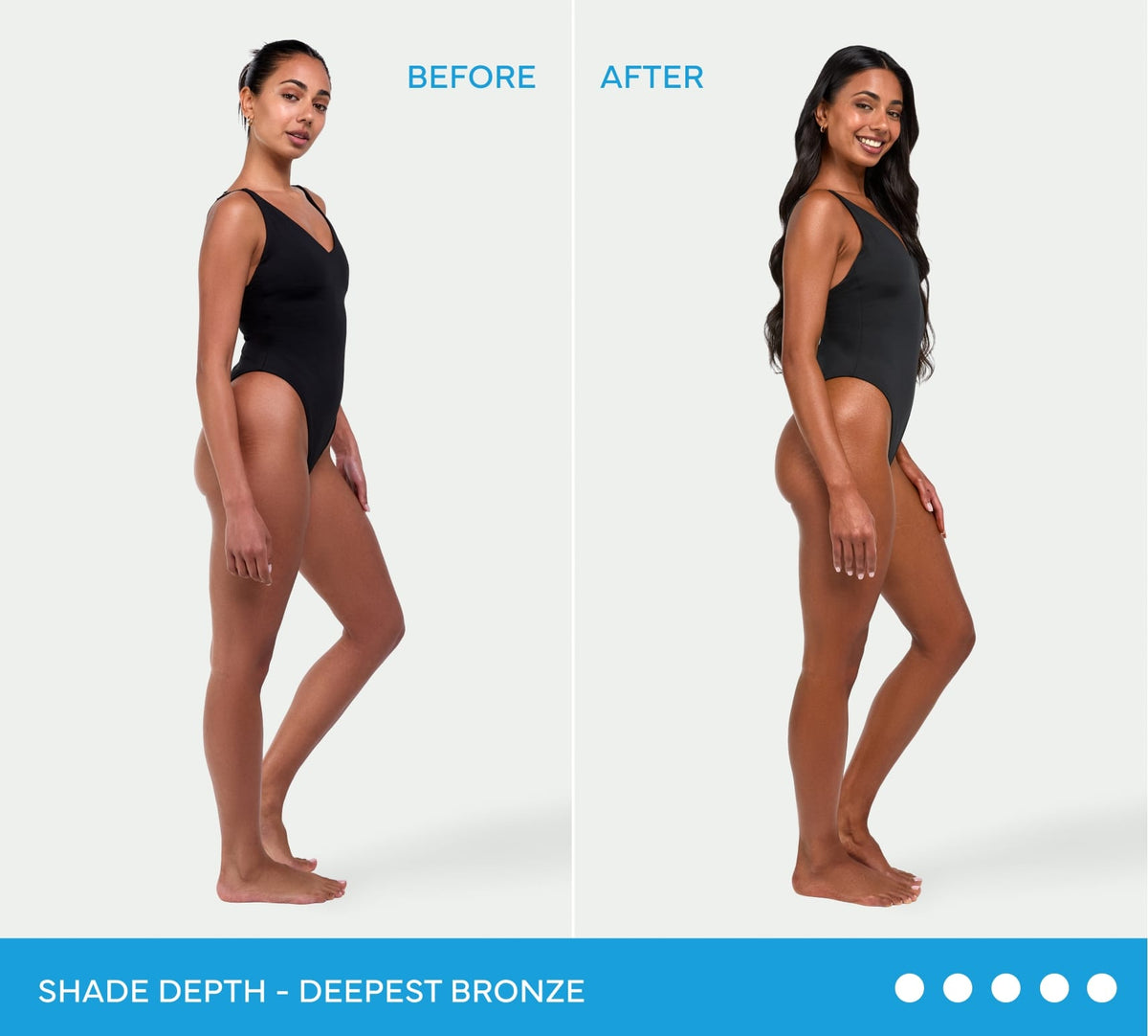 A side-by-side comparison of a woman in a black swimsuit labeled Before and After, showing her skin tone transformation using Ultra Dark Aero Self Tanning Mousse, with the text Shade depth - deepest bronze at the bottom.