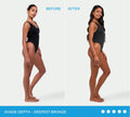 A side-by-side comparison of a woman in a black swimsuit labeled Before and After, showing her skin tone transformation using Ultra Dark Aero Self Tanning Mousse, with the text Shade depth - deepest bronze at the bottom.