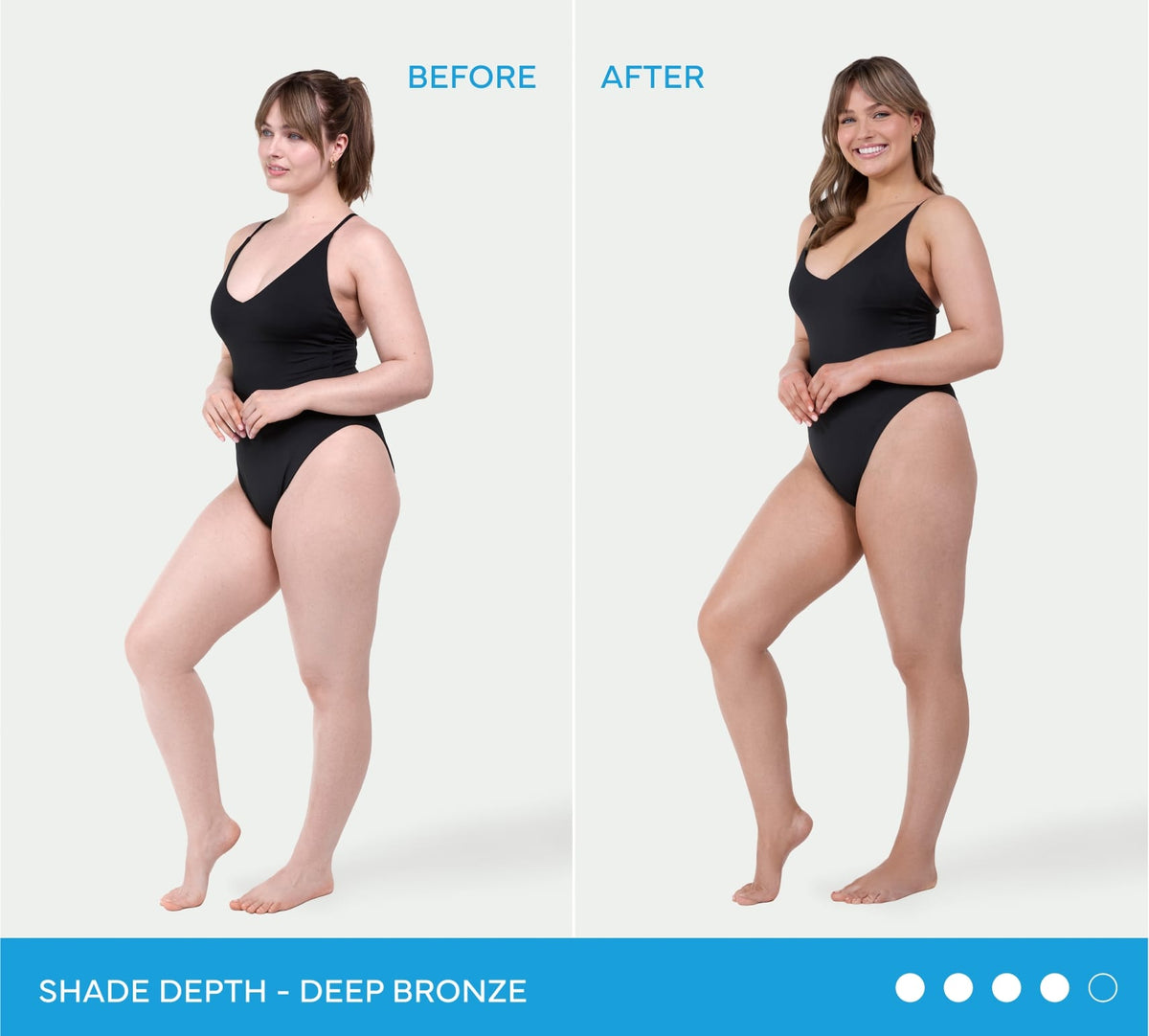 Split image of a woman in a black swimsuit: left side Before, right side After using BondiSandsEU Dark Self Tanning Foam. Right side shows a deep, dark self tan. Blue bar reads Shade Depth - Deep Bronze.