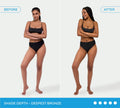 Side-by-side images show a woman in black swimwear with visibly deeper bronze skin in the After photo, achieved using BondiSandsEU Ultra Dark Aero Self Tanning Routine Bundle. Text below: Shade Depth – Deepest Bronze.