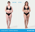 Before-and-after image of a woman in a black bikini using Bondi Sands Europe Ultra Express Self Tanning Foam reveals her skin tone transforming from light to an express tan bronze glow, labeled Shade Depth - Deepest Bronze.