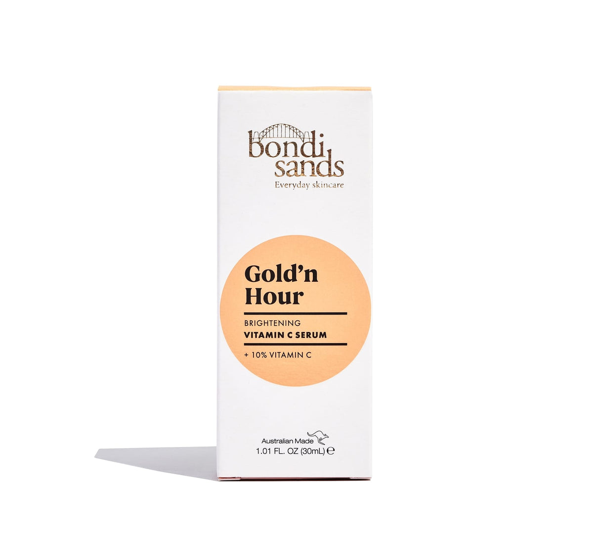 A white rectangular BondiSandsEU Gold'n Hour Vitamin C Serum box with orange accents displays branding and details on the front—designed to help brighten skin for a radiant complexion.