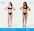 Side-by-side before and after photos of a woman in a black bikini. The after image shows a noticeably deeper tan labeled Shade Depth - Soft Bronze, showcasing the flawless results from BondiSandsEU Light/Medium Self Tanning Foam.