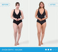 Side-by-side comparison of a woman in a black swimsuit labeled Before and After, showing a golden tan on the right—achieved using BondiSandsEU Liquid Gold Self Tanning Routine Bundle. Shade Depth indicator at the bottom reads Golden.