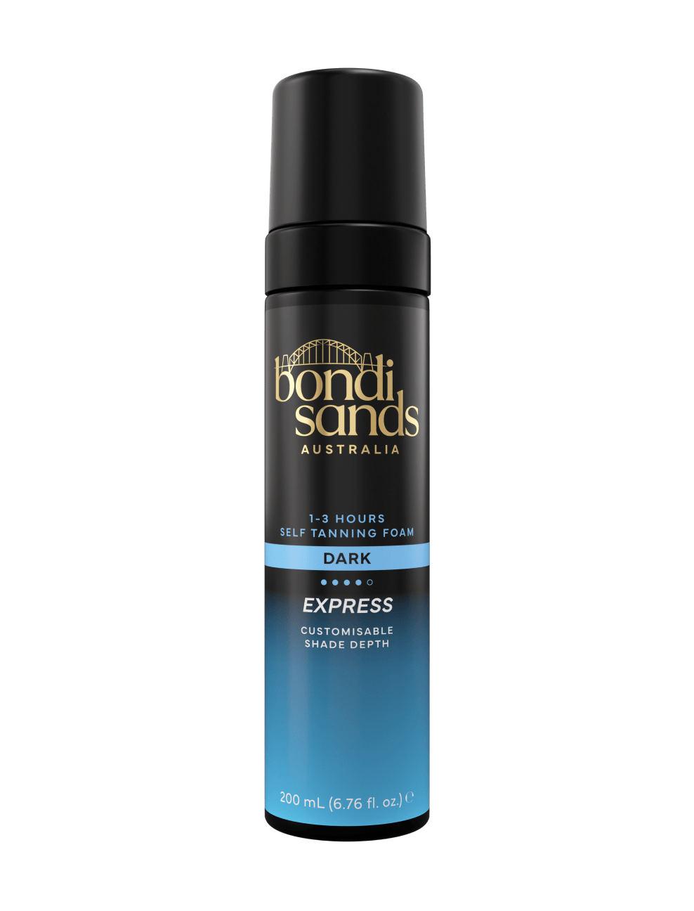 A 200 ml bottle of BondiSandsEU Express Self Tanning Foam in dark, featuring a black cap and a blue gradient label. The text emphasizes that you can achieve your ideal Bondi Sands glow with a customizable tan that develops in just 1-3 hours.