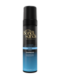 A 200 ml bottle of BondiSandsEU Express Self Tanning Foam in dark, featuring a black cap and a blue gradient label. The text emphasizes that you can achieve your ideal Bondi Sands glow with a customizable tan that develops in just 1-3 hours.