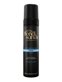 A 200ml black bottle of BondiSandsEU Dark Self Tanning Foam, with gold and white text, blue accents, and a label highlighting Coconut Scent and Skin-Loving Formula for an Australian glow.