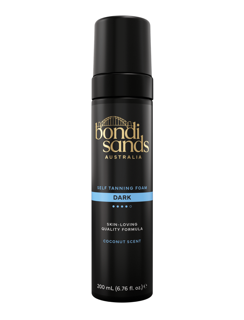A 200ml black bottle of BondiSandsEU Dark Self Tanning Foam, with gold and white text, blue accents, and a label highlighting Coconut Scent and Skin-Loving Formula for an Australian glow.